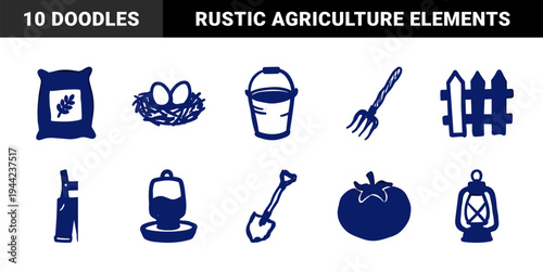 Hand-drawn rustic farming and organic gardening elements for country brand identity. Naive marker sketch illustrations featuring agriculture concepts.