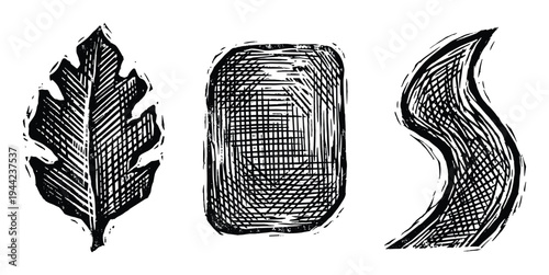 Hand drawn crosshatch texture shapes including oak leaf and abstract wave