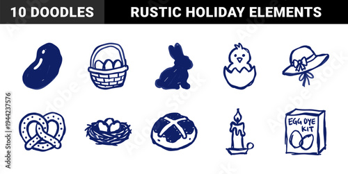 Hand-drawn Easter holiday elements in a rustic blue marker sketch style. Naive doodle illustrations for seasonal branding and spring greeting cards.