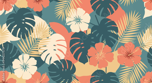 Tropical leaves and flowers pattern.