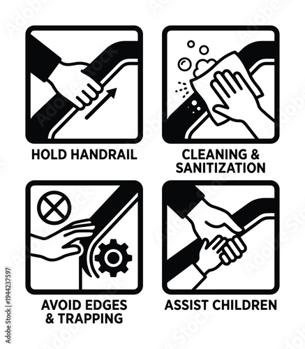 Escalator safety sign icons with handrail holding and children assistance instructions