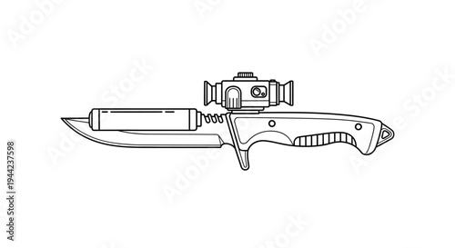 Tactical Combat Knife with Silencer and Red Dot Sight - Line Art Illustration