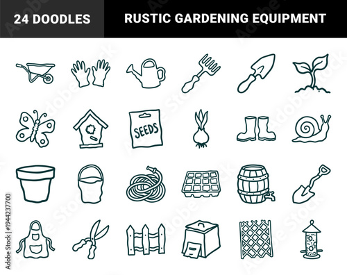 Hand-drawn gardening tools and backyard nature elements for organic brand identity. Rustic, naive marker sketch illustrations of spring planting.