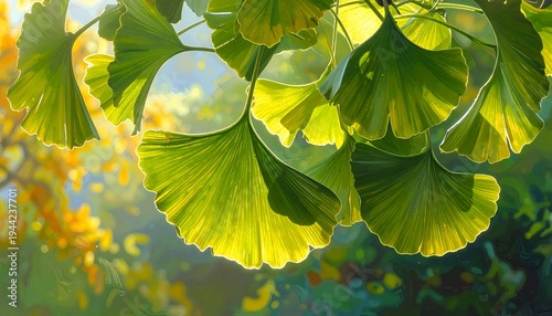 Gingko biloba leaves shine in sunlight, illustrating nature's radiant beauty