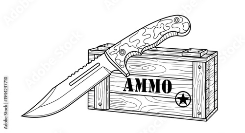 Tactical Knife Resting on Wooden Ammo Crate with Star Emblem