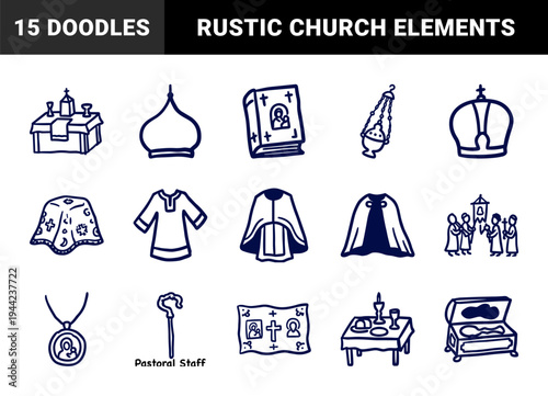 Hand-drawn Orthodox Christian liturgical elements and clerical vestments. Rustic naive marker sketch featuring religious symbols and church artifacts.