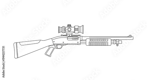 Tactical Shotgun with Scope - Line Art Illustration