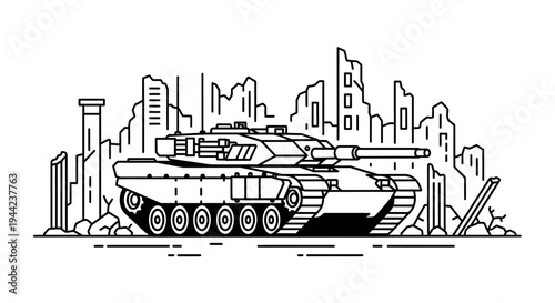 Tank in Ruined Cityscape: Post-Apocalyptic War Scene Vector Illustration