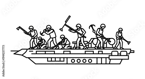 Team of workers on a futuristic vessel using tools for construction or repair