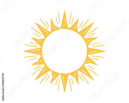 Yellow hand drawn sunburst icon with radiant beams and sharp rays