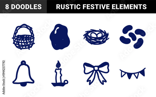 Hand-drawn rustic celebration and nature elements in a naive blue marker sketch style. Clumsy organic doodles featuring a nest, basket, and festive decor.