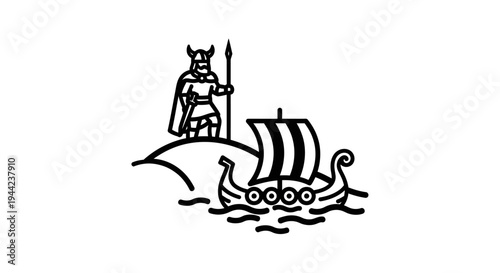 Viking Warrior Standing on Hilltop Overlooking Longship Sailing on Water