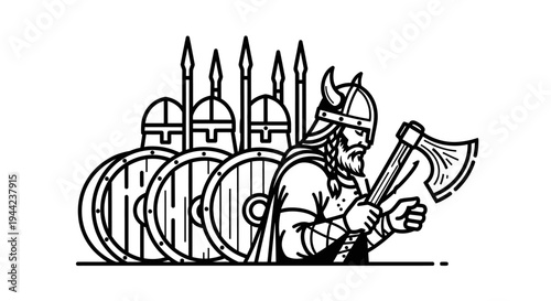 Viking Warrior with Axe and Shields, Medieval Battle Scene, Historical Illustration