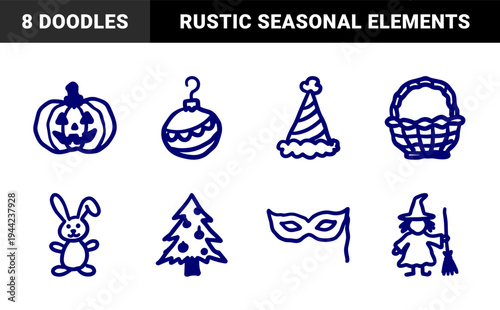 Hand-drawn holiday and seasonal celebration elements featuring festive doodles. Rustic naive marker sketch style with Christmas, Halloween, and Easter themes.