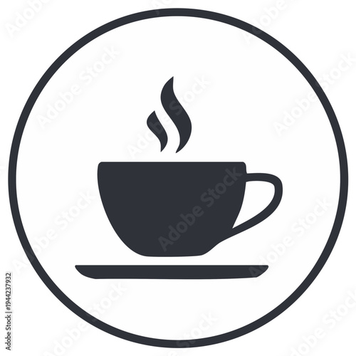 Simple flat icon of a steaming coffee cup and saucer in a circle. Hot drink or cafe vector symbol.