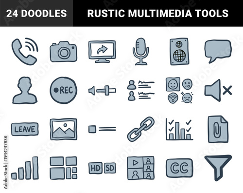 Hand-drawn video conferencing and multimedia interface elements. Naive marker sketch illustrations for digital communication and streaming platforms.