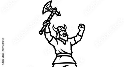 Viking Warrior with Axe Raised in Victory, Black and White Illustration