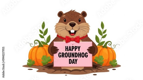 Happy groundhog day - cartoon groundhog with sign