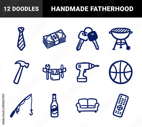 Hand-drawn fatherhood and domestic lifestyle elements for organic brand identity. Rustic, naive marker sketch illustrations featuring parenting and home life.