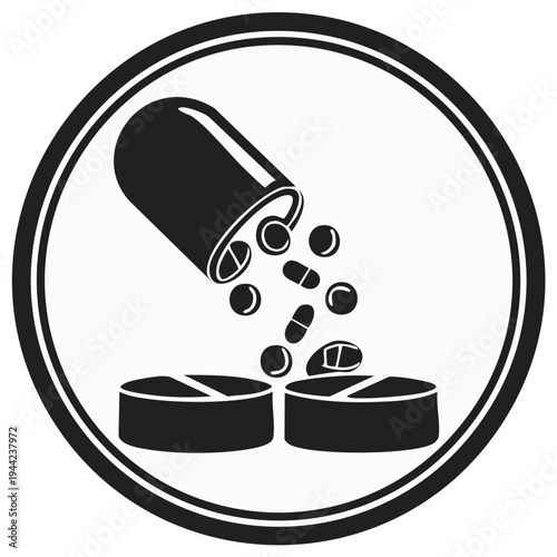 Medical pills and capsule spill from container into circular frame