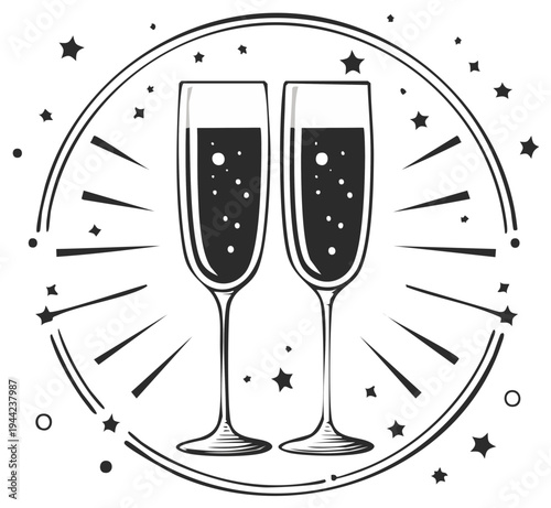 Two Champagne Flutes Toasting Celebration Black and White Starry Circle Design