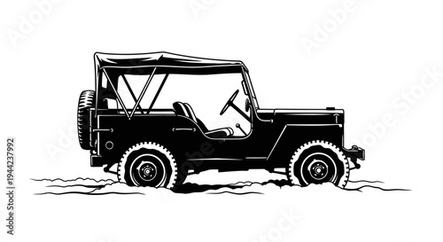 Vintage Jeep Off-Roading in Mud - Black and White Illustration