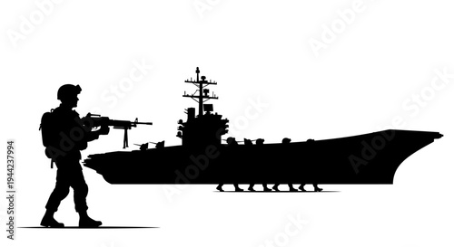 Silhouette of Soldier with Rifle and Aircraft Carrier