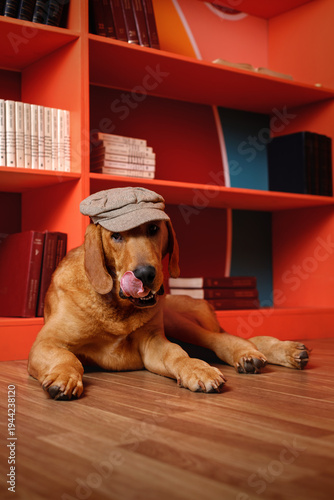 brown dog in flat cap lies in vibrant orange library, licking its nose. Fun pet portrait in modern home interior with colorful bookshelves. Domestic animal portrait. Vertical