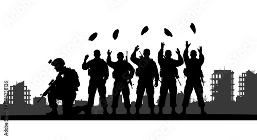 Silhouette Soldiers Celebrating Victory in Ruined Cityscape