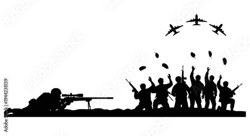 Silhouette Soldiers Celebrating Victory with Fighter Jets Flying Overhead