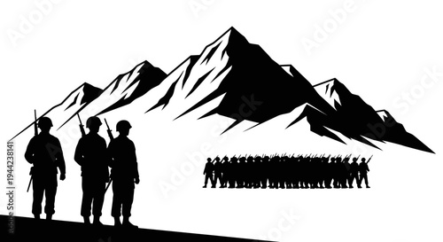 Silhouette Soldiers Marching Towards Mountains, Military Formation