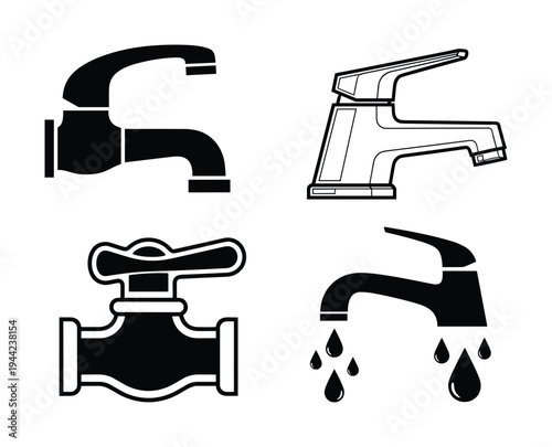 Collection of different types of water faucets and taps for plumbing and kitchen