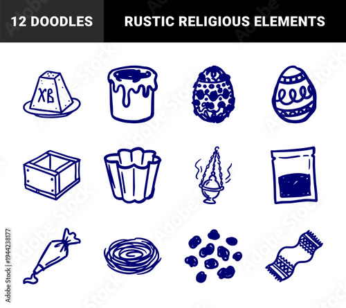 Hand-drawn Orthodox Easter traditions and festive food elements. Rustic, naive marker sketch illustrations featuring Paskha, Kulich, and decorated eggs.