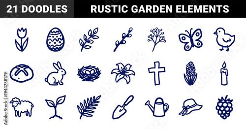 Hand-drawn Easter and spring garden elements for organic branding. Rustic, naive marker sketch illustrations featuring seasonal nature concepts.