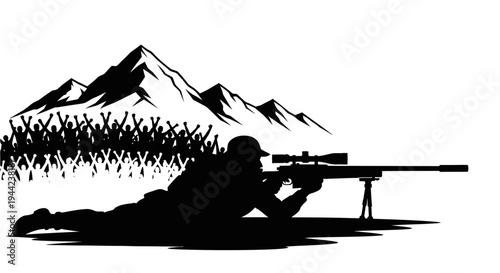 Sniper Silhouette in Mountains with Crowd