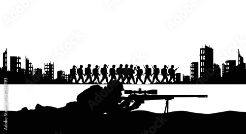 Sniper silhouette targets marching soldiers in ruined city background, war concept