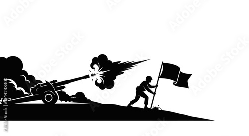 Soldier firing artillery gun and raising flag on battlefield, war and victory concept
