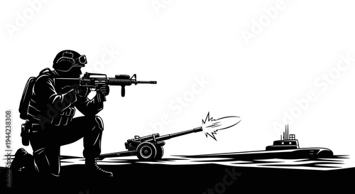 Soldier firing artillery at submarine, military conflict, war scene illustration