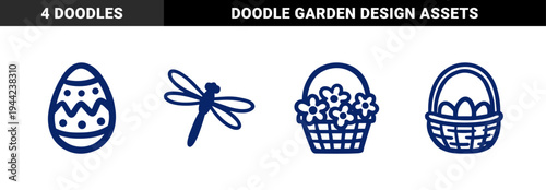 Hand-drawn Easter holiday and spring nature elements for organic brand identity. Rustic, naive marker sketch illustrations featuring seasonal garden concepts.