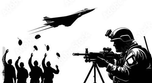 Soldier guarding as fighter jet flies overhead and soldiers throw caps in celebration