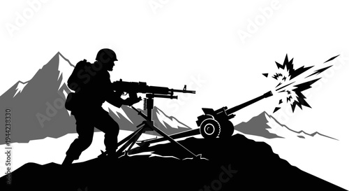 Soldier Firing Machine Gun on Mountain Top, Military Combat Silhouette