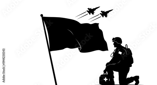 Soldier kneeling by flag with fighter jets flying overhead, medical bag nearby