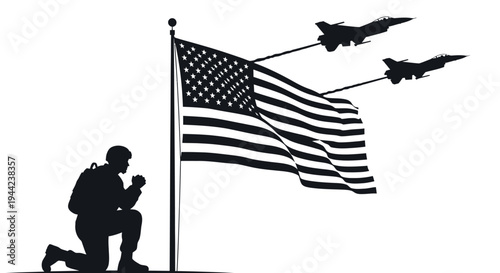 Soldier Kneeling by American Flag with Fighter Jets Flying Overhead