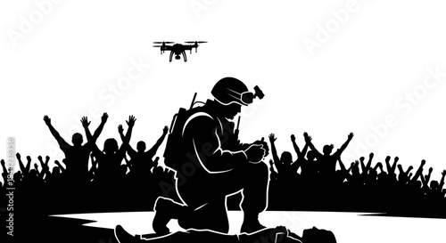 Soldier Kneeling Beside Injured Person, Drone Overhead, Crowd Cheering