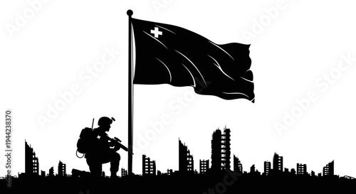Soldier kneeling with rifle under flag in destroyed city skyline silhouette