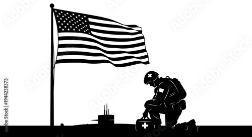 Soldier Kneeling with Flag and First Aid Kit - American Patriotism and Sacrifice