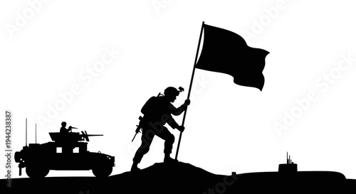 Soldier Planting Flag on Hill with Military Vehicle and Submarine Silhouette