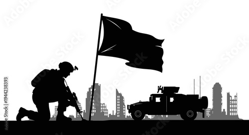 Soldier Planting Flag in Ruined Cityscape with Military Vehicle Silhouette