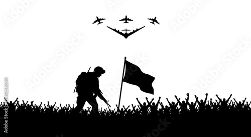 Soldier Planting Flag in Crowd with Airplanes Flying Overhead