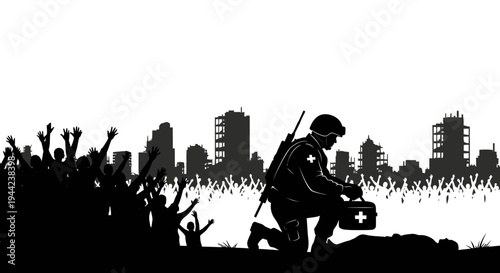 Soldier providing aid to civilian amidst city ruins and crowd